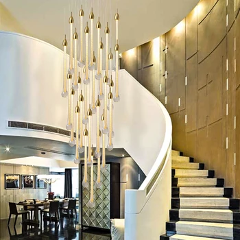 Модерна луксозна кристален полилей за стълби Gold Long LED Cristal Light Висящи осветителни тела за хол вили
